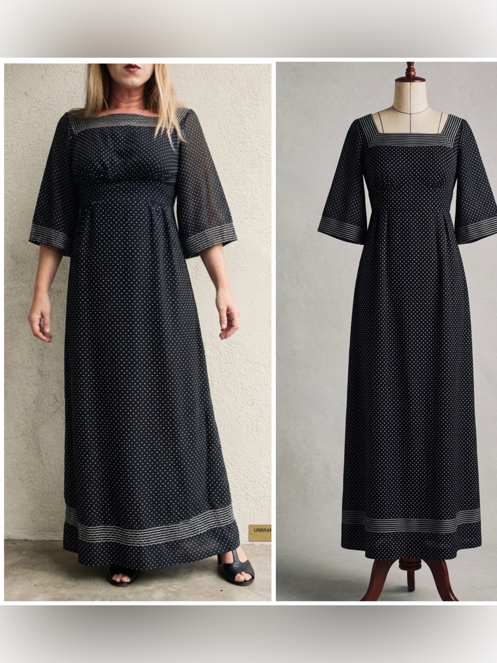 Vintage 1970s Black Polka Dot Maxi Dress w/Angel Sleeves VTG 8